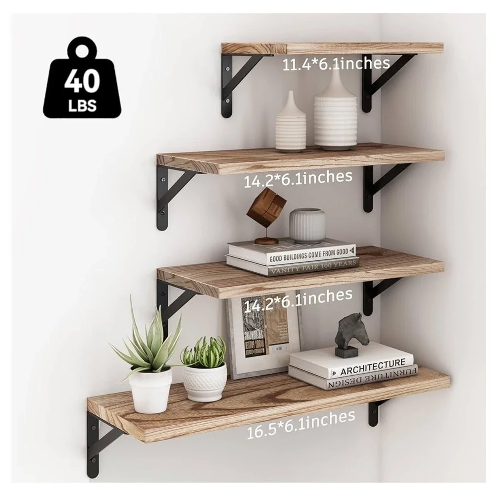 Amada Floating Shelves, Rustic Wood Shelves, 4 Sets of Wall Mounted Shelfs
